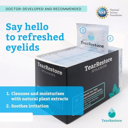 TearRestore Tea Tree HylaWipe Eyelid Wipes - 30 Count | Hydrating Eye Lid Cleanser for Blepharitis, Dry, Red, Itchy Eyes
