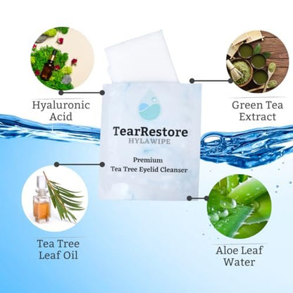 TearRestore Tea Tree HylaWipe Eyelid Wipes - 30 Count | Hydrating Eye Lid Cleanser for Blepharitis, Dry, Red, Itchy Eyes