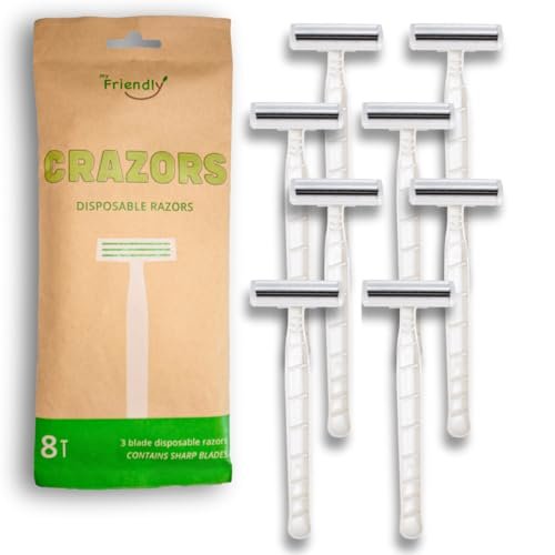 Crazors 3-Blade Disposable Razors for Men & Women – 8-Pack Single-Use Body & Face Shaver – Eco-Friendly Travel-Size Toiletries Avelisse
