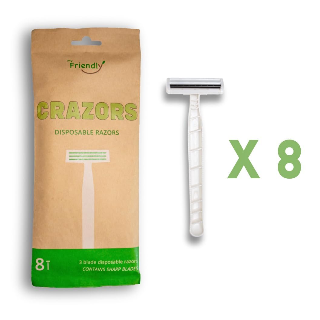 Crazors 3-Blade Disposable Razors for Men & Women – 8-Pack Single-Use Body & Face Shaver – Eco-Friendly Travel-Size Toiletries Avelisse
