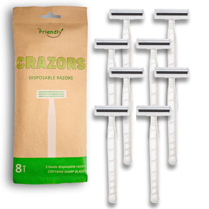 Crazors 3-Blade Disposable Razors for Men & Women – 8-Pack Single-Use Body & Face Shaver – Eco-Friendly Travel-Size Toiletries Avelisse