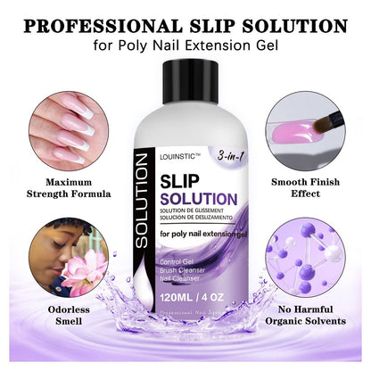 LOUINSTIC Slip Solution for Poly Extension Gel - 4oz Professional Anti-Stick Liquid, Nail Brush Cleaner, Easy to Use for Beginners