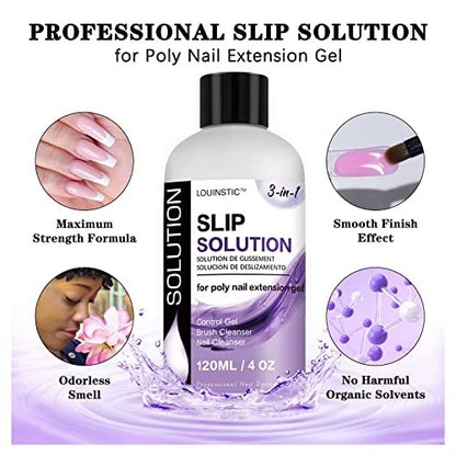 LOUINSTIC Slip Solution for Poly Extension Gel - 4oz Professional Anti-Stick Liquid, Nail Brush Cleaner, Easy to Use for Beginners
