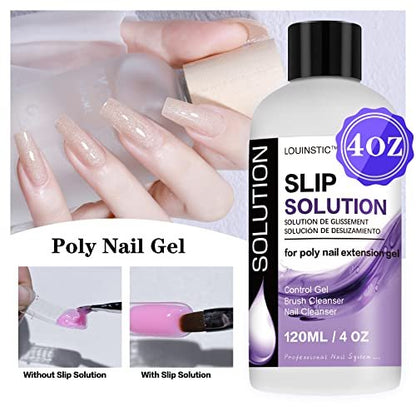 LOUINSTIC Slip Solution for Poly Extension Gel - 4oz Professional Anti-Stick Liquid, Nail Brush Cleaner, Easy to Use for Beginners