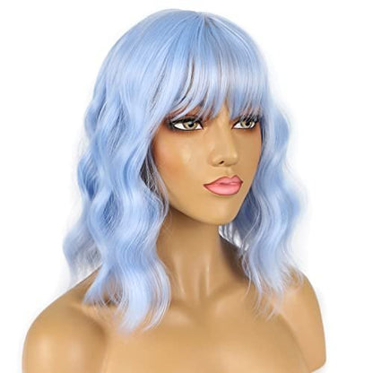 LANCAINI Short Bob Wigs with Bangs for Women - Loose Wavy Shoulder Length Synthetic Wig in Light Blue