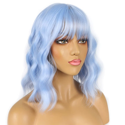 LANCAINI Short Bob Wigs with Bangs for Women - Loose Wavy Shoulder Length Synthetic Wig in Light Blue