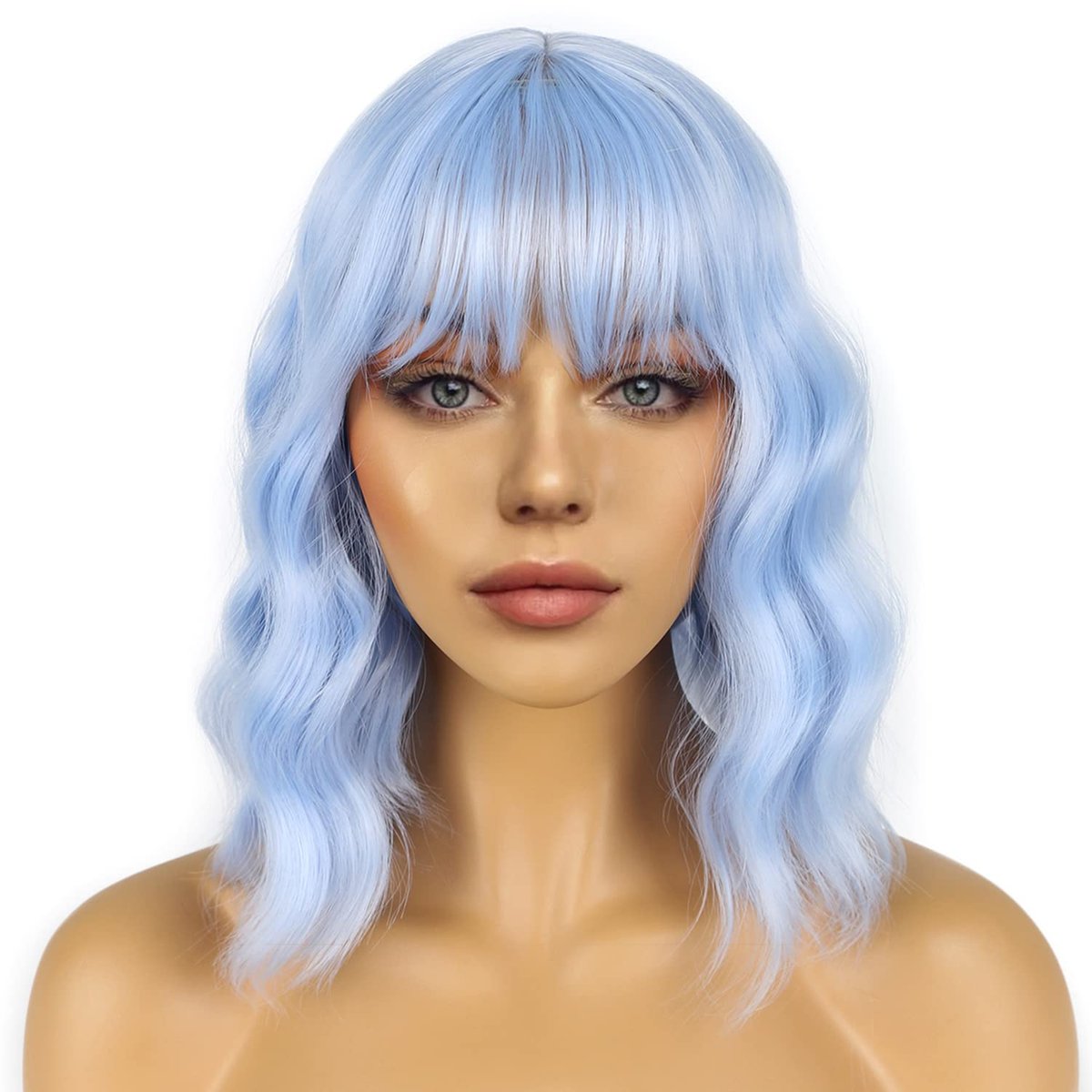LANCAINI Short Bob Wigs with Bangs for Women - Loose Wavy Shoulder Length Synthetic Wig in Light Blue - görsel 1