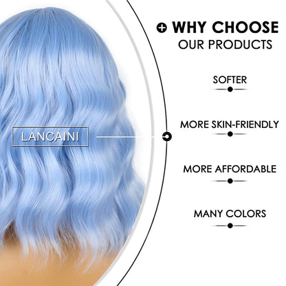 LANCAINI Short Bob Wigs with Bangs for Women - Loose Wavy Shoulder Length Synthetic Wig in Light Blue