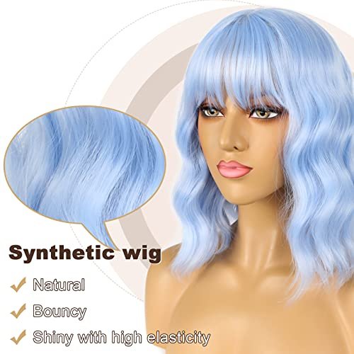 LANCAINI Short Bob Wigs with Bangs for Women - Loose Wavy Shoulder Length Synthetic Wig in Light Blue - görsel 6
