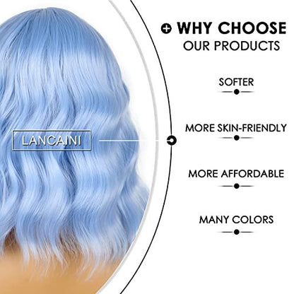 LANCAINI Short Bob Wigs with Bangs for Women - Loose Wavy Shoulder Length Synthetic Wig in Light Blue