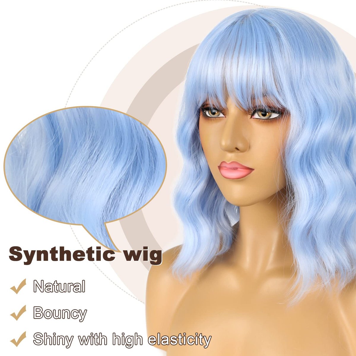 LANCAINI Short Bob Wigs with Bangs for Women - Loose Wavy Shoulder Length Synthetic Wig in Light Blue - görsel 5