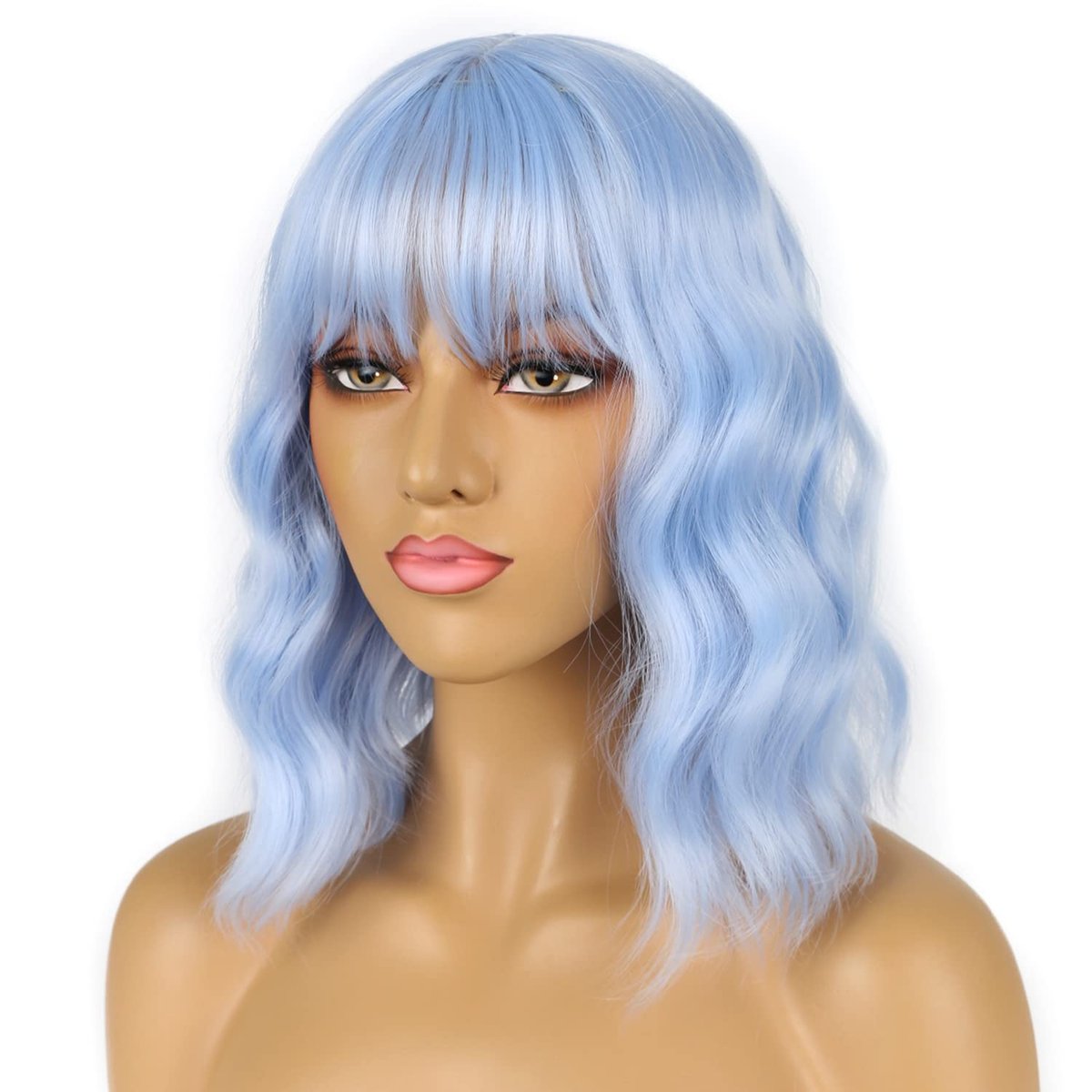 LANCAINI Short Bob Wigs with Bangs for Women - Loose Wavy Shoulder Length Synthetic Wig in Light Blue - görsel 3