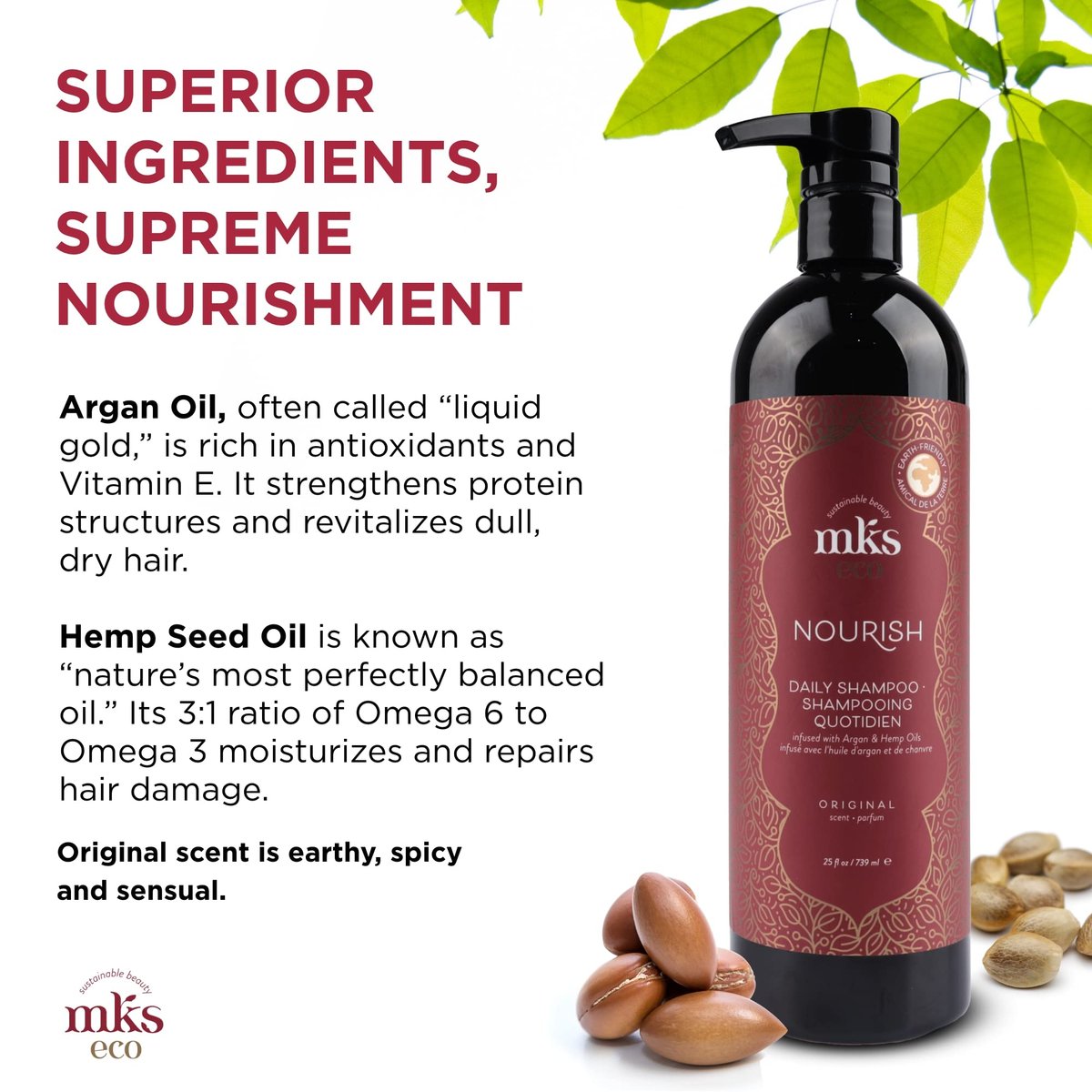 MKS eco Nourish Shampoo, Original Scent - 25 fl oz - Cleanses, Strengthens & Repairs Fine, Color Treated Hair - Moroccan Argan Oil & Hemp Seed Oil - Vegan, Cruelty Free - görsel 7