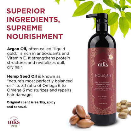 MKS eco Nourish Shampoo, Original Scent - 25 fl oz - Cleanses, Strengthens & Repairs Fine, Color Treated Hair - Moroccan Argan Oil & Hemp Seed Oil - Vegan, Cruelty Free
