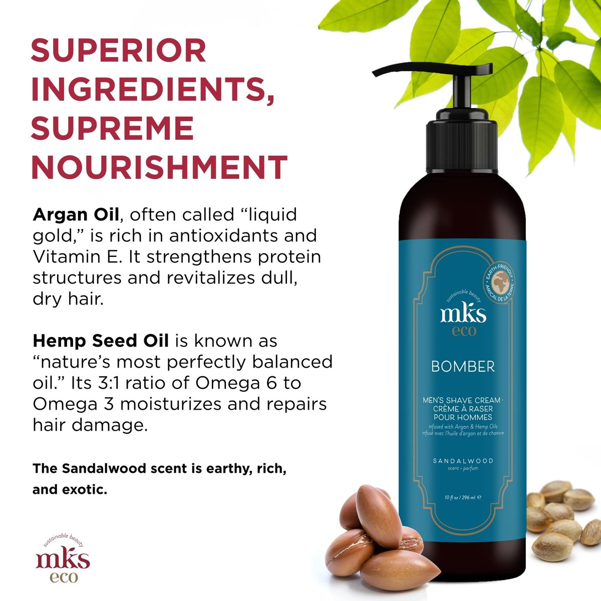 MKS eco for Men Bomber Shave Cream - Sandalwood Scent - 10 oz - Softens Beard, Reduces Irritation - with Hemp Seed & Argan Oils - Vegan & Cruelty Free - görsel 7