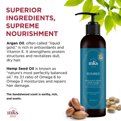 MKS eco for Men Bomber Shave Cream - Sandalwood Scent - 10 oz - Softens Beard, Reduces Irritation - with Hemp Seed & Argan Oils - Vegan & Cruelty Free