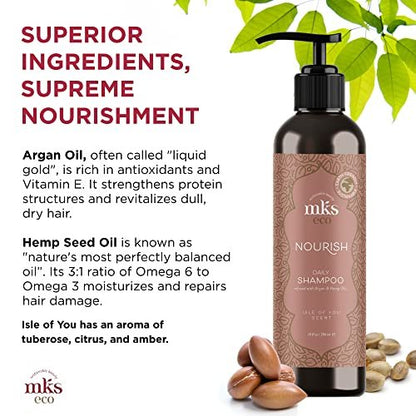 MKS eco Nourish Shampoo, Isle of You - 10 fl oz - Cleanses, Strengthens & Repairs Fine, Color-Treated Hair - Moroccan Argan Oil & Hemp Seed Oil - Vegan, Cruelty-Free
