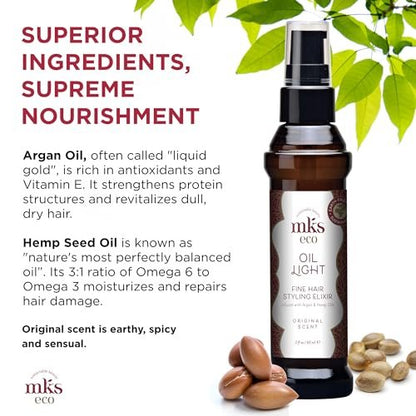 MKS Eco Hair Styling Elixir - Original 2 fl oz - Moroccan Argan Oil & Hemp Seed Oil for Fine Hair - Moisturizing, Nourishing & Frizz Control - Vegan & Cruelty-Free
