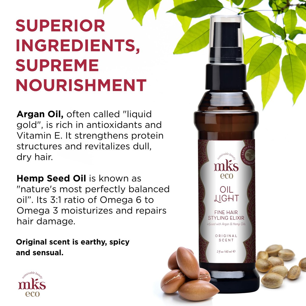 MKS Eco Hair Styling Elixir - Original 2 fl oz - Moroccan Argan Oil & Hemp Seed Oil for Fine Hair - Moisturizing, Nourishing & Frizz Control - Vegan & Cruelty-Free - görsel 7
