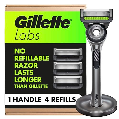 GilletteLabs Men's Shaving Razor with Exfoliating Bar, 1 Handle, 4 Blade Refills, Magnetic Stand Avelisse