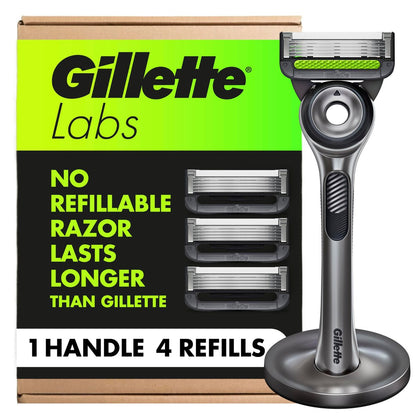 GilletteLabs Men's Shaving Razor with Exfoliating Bar, 1 Handle, 4 Blade Refills, Magnetic Stand Avelisse