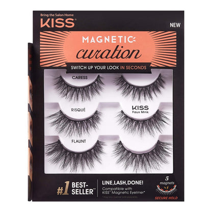 KISS Magnetic Curation False Eyelashes, 3 Pairs with 5 Double Strength Magnets, Wind Resistant, Dermatologist Tested, Reusable Up to 15 Times, Black, 3 Count