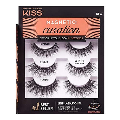 KISS Magnetic Curation False Eyelashes, 3 Pairs with 5 Double Strength Magnets, Wind Resistant, Dermatologist Tested, Reusable Up to 15 Times, Black, 3 Count