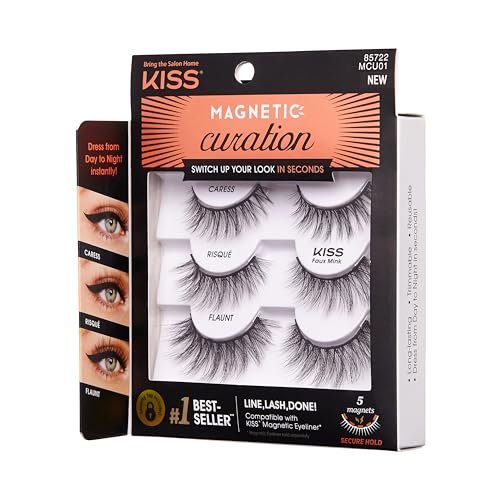 KISS Magnetic Curation False Eyelashes, 3 Pairs with 5 Double Strength Magnets, Wind Resistant, Dermatologist Tested, Reusable Up to 15 Times, Black, 3 Count - görsel 5