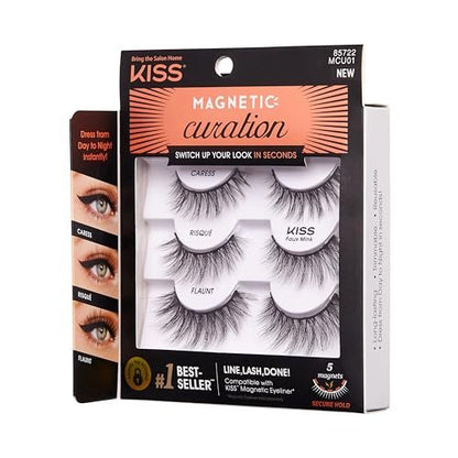 KISS Magnetic Curation False Eyelashes, 3 Pairs with 5 Double Strength Magnets, Wind Resistant, Dermatologist Tested, Reusable Up to 15 Times, Black, 3 Count