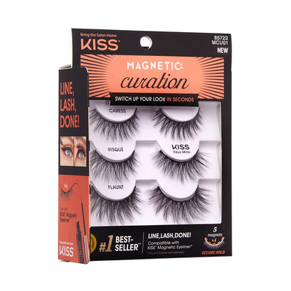 KISS Magnetic Curation False Eyelashes, 3 Pairs with 5 Double Strength Magnets, Wind Resistant, Dermatologist Tested, Reusable Up to 15 Times, Black, 3 Count