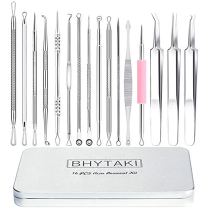 16-Piece Blackhead Remover Tools Kit - Premium Stainless Steel Pimple Popper Tool Set with Metal Box