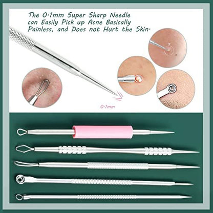 16-Piece Blackhead Remover Tools Kit - Premium Stainless Steel Pimple Popper Tool Set with Metal Box