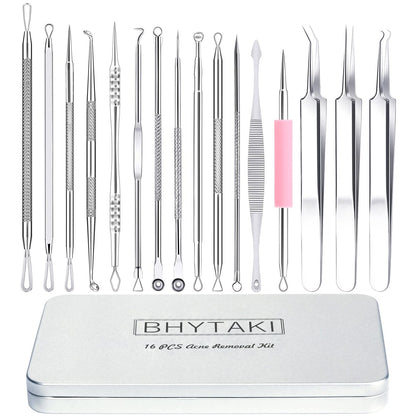 16-Piece Blackhead Remover Tools Kit - Premium Stainless Steel Pimple Popper Tool Set with Metal Box