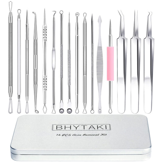 16-Piece Blackhead Remover Tools Kit - Premium Stainless Steel Pimple Popper Tool Set with Metal Box