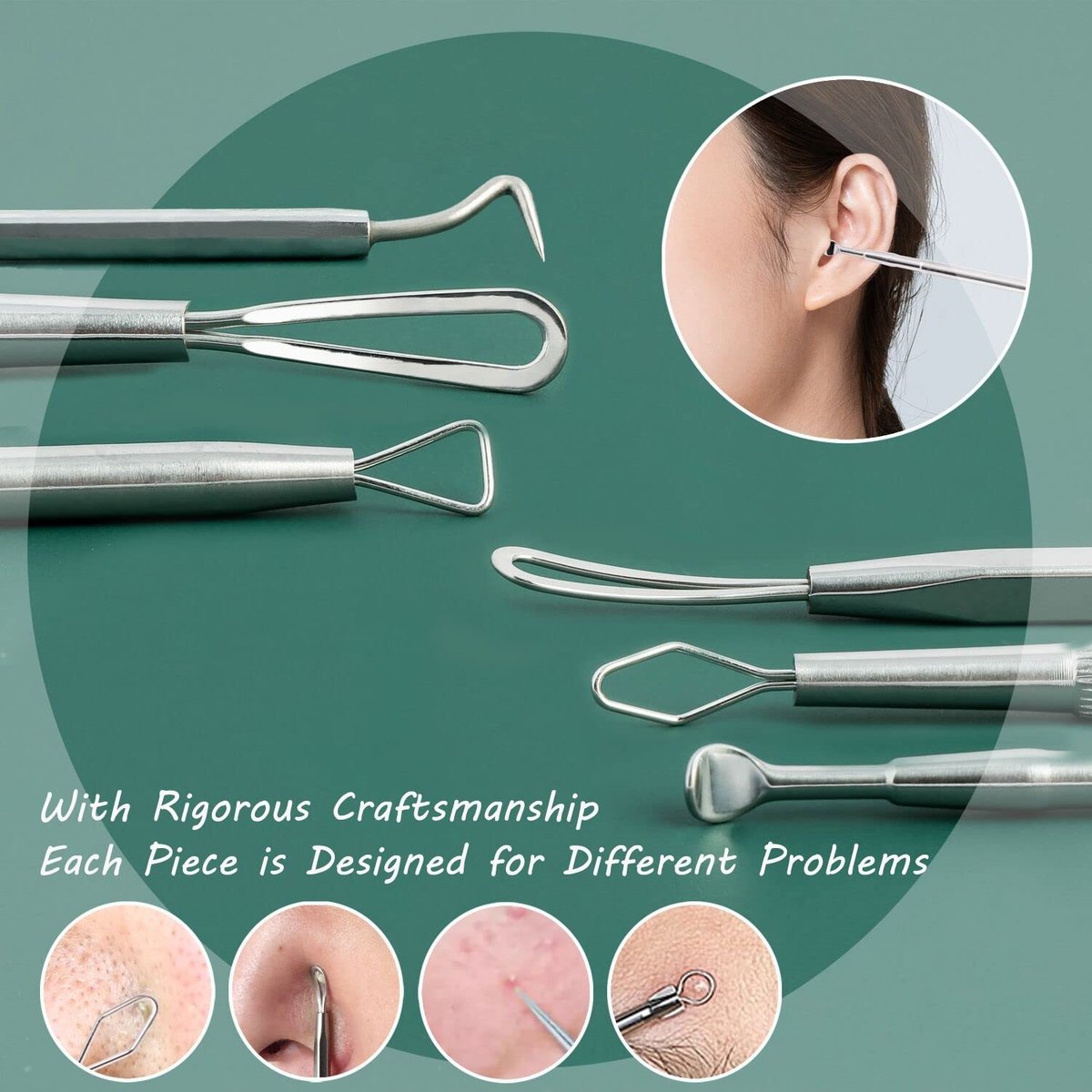 16-Piece Blackhead Remover Tools Kit - Premium Stainless Steel Pimple Popper Tool Set with Metal Box - görsel 3