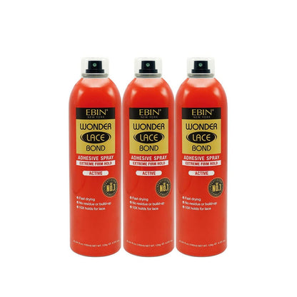 EBIN NEW YORK Wonder Lace Bond Adhesive Spray Active 3-Pack - Extreme Firm Hold, Fast Drying, No Residue, All-Day Hold for Daily Wig Application (6.08 oz / 180 ml Each)