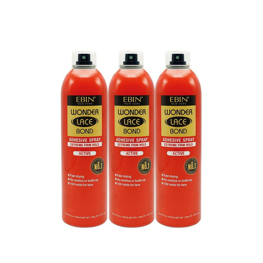 EBIN NEW YORK Wonder Lace Bond Adhesive Spray Active 3-Pack - Extreme Firm Hold, Fast Drying, No Residue, All-Day Hold for Daily Wig Application (6.08 oz / 180 ml Each)