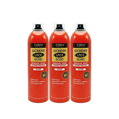 EBIN NEW YORK Wonder Lace Bond Adhesive Spray Active 3-Pack - Extreme Firm Hold, Fast Drying, No Residue, All-Day Hold for Daily Wig Application (6.08 oz / 180 ml Each)