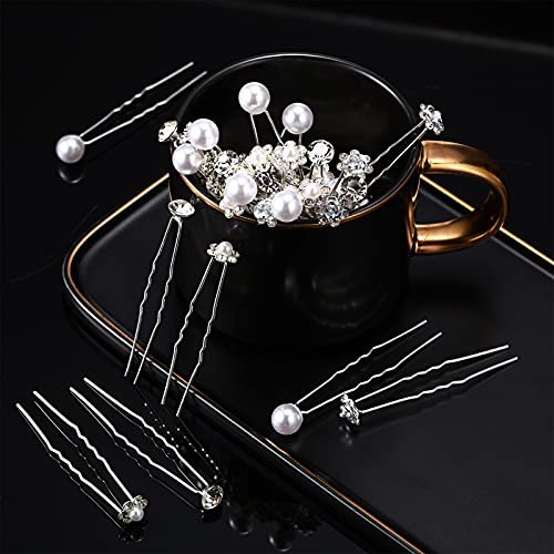 MTLEE 40 Pcs Rhinestone Hair Pins for Women - Silver Flower Pearl Decorative U Shape Diamond Wedding Hair Accessories for Prom, Brides, Bridesmaids - görsel 4