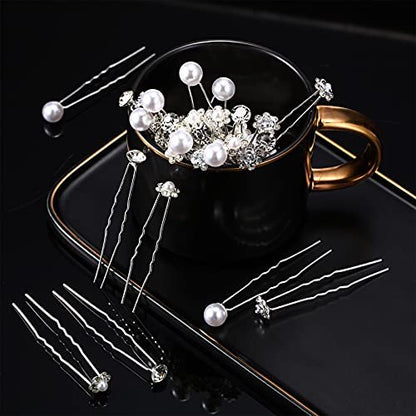 MTLEE 40 Pcs Rhinestone Hair Pins for Women - Silver Flower Pearl Decorative U Shape Diamond Wedding Hair Accessories for Prom, Brides, Bridesmaids