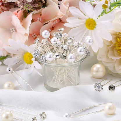 MTLEE 40 Pcs Rhinestone Hair Pins for Women - Silver Flower Pearl Decorative U Shape Diamond Wedding Hair Accessories for Prom, Brides, Bridesmaids