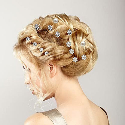 MTLEE 40 Pcs Rhinestone Hair Pins for Women - Silver Flower Pearl Decorative U Shape Diamond Wedding Hair Accessories for Prom, Brides, Bridesmaids