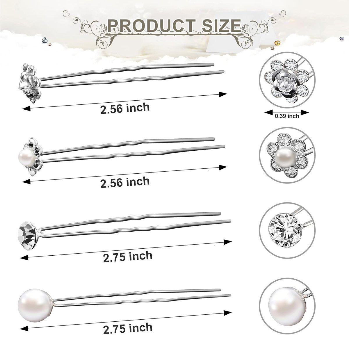 MTLEE 40 Pcs Rhinestone Hair Pins for Women - Silver Flower Pearl Decorative U Shape Diamond Wedding Hair Accessories for Prom, Brides, Bridesmaids - görsel 5