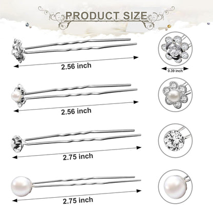 MTLEE 40 Pcs Rhinestone Hair Pins for Women - Silver Flower Pearl Decorative U Shape Diamond Wedding Hair Accessories for Prom, Brides, Bridesmaids