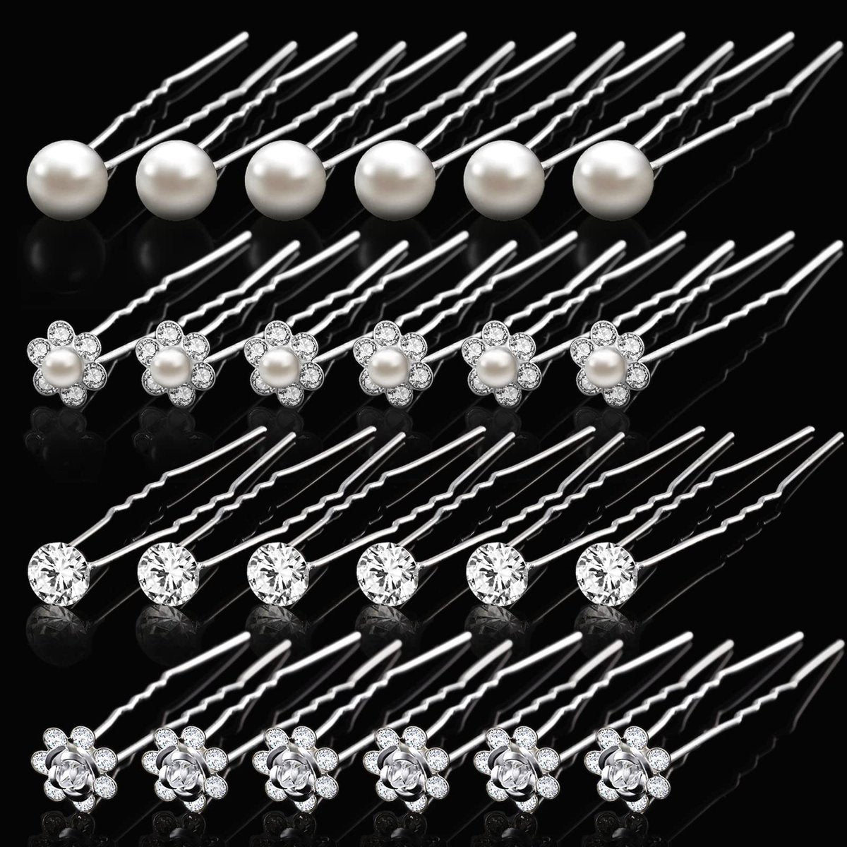 MTLEE 40 Pcs Rhinestone Hair Pins for Women - Silver Flower Pearl Decorative U Shape Diamond Wedding Hair Accessories for Prom, Brides, Bridesmaids - görsel 1