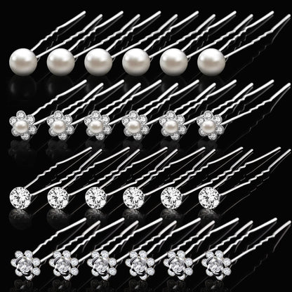 MTLEE 40 Pcs Rhinestone Hair Pins for Women - Silver Flower Pearl Decorative U Shape Diamond Wedding Hair Accessories for Prom, Brides, Bridesmaids
