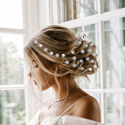 MTLEE 40 Pcs Rhinestone Hair Pins for Women - Silver Flower Pearl Decorative U Shape Diamond Wedding Hair Accessories for Prom, Brides, Bridesmaids