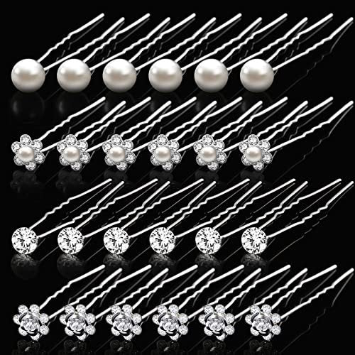 MTLEE 40 Pcs Rhinestone Hair Pins for Women - Silver Flower Pearl Decorative U Shape Diamond Wedding Hair Accessories for Prom, Brides, Bridesmaids - görsel 2