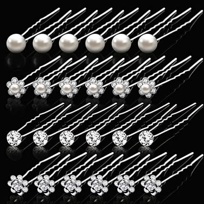MTLEE 40 Pcs Rhinestone Hair Pins for Women - Silver Flower Pearl Decorative U Shape Diamond Wedding Hair Accessories for Prom, Brides, Bridesmaids