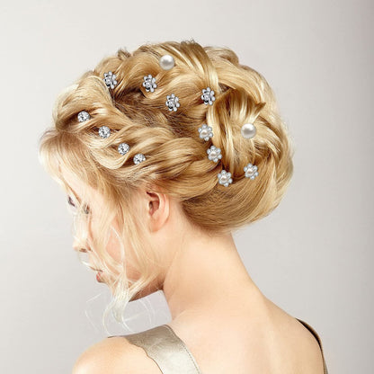 MTLEE 40 Pcs Rhinestone Hair Pins for Women - Silver Flower Pearl Decorative U Shape Diamond Wedding Hair Accessories for Prom, Brides, Bridesmaids